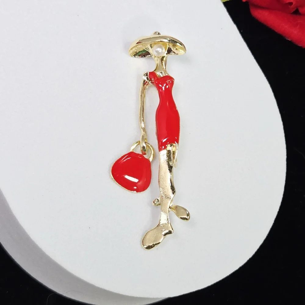 Ladyβin Red Dress Brooch Parisian Chic Fashion Model Pin Couture Statement Gift